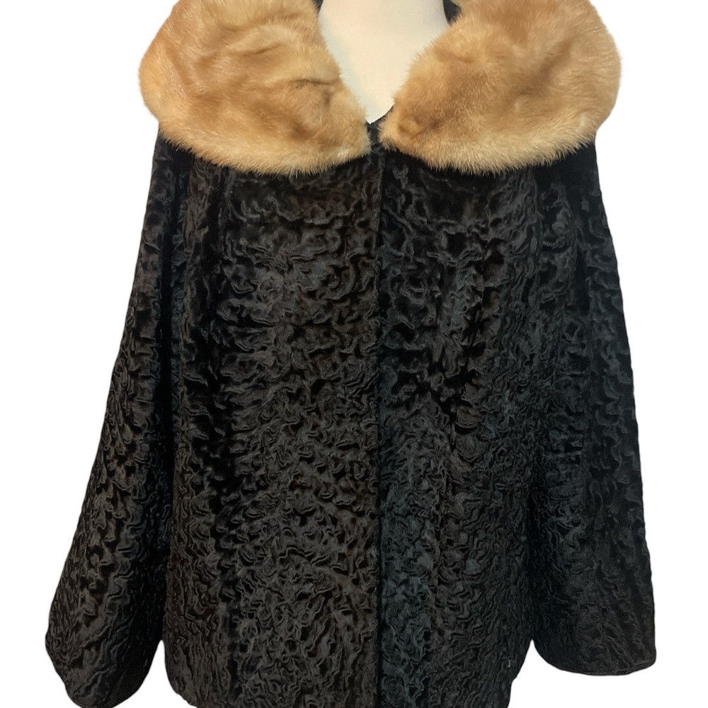 Marshall Field & Co Vintage Black Persian Lamb Mink Collar Swing Coat Black M-XL